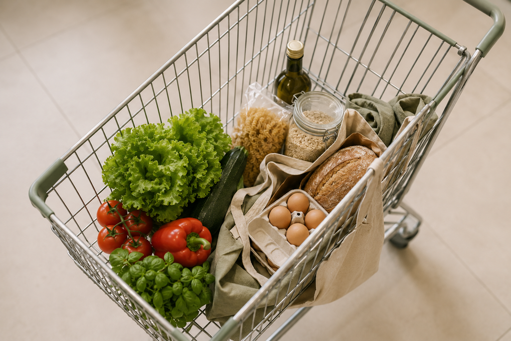Einkaufswagen mit frischen Lebensmitteln, Gemüse, Brot und Vorratsprodukten für den Wocheneinkauf