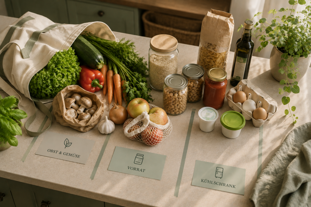 Frische Lebensmittel und Vorratsprodukte für den Wocheneinkauf nach Obst und Gemüse, Vorrat und Kühlschrank sortiert