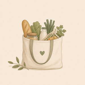 Illustration einer Stofftasche mit frischen Lebensmitteln und Gemüse für den Einkauf