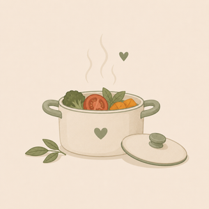 Illustration eines Kochtopfs mit frischem Gemüse und Kräutern in gedeckten Naturtönen