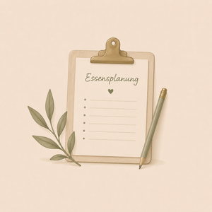 Illustration eines Essensplans mit Klemmbrett, Stift und Zweig in Salbeigrün