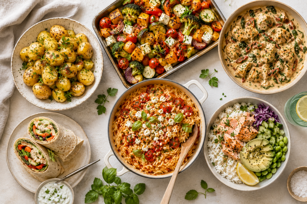 Was soll ich heute essen? 7 einfache Ideen für jeden Tag Verschiedene einfache Gerichte wie Kartoffeln, Ofengemüse, cremige Hähnchenpfanne, Tomaten-Orzo, Wraps und Lachs-Bowl auf einem hellen Küchentisch.