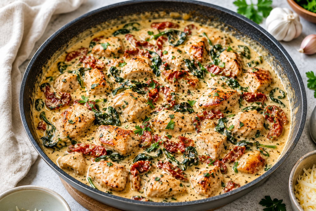 Cremige Knoblauch-Hähnchen-Pfanne mit Spinat und Tomaten Cremiges Hähnchenpfannengericht mit Spinat und Tomaten