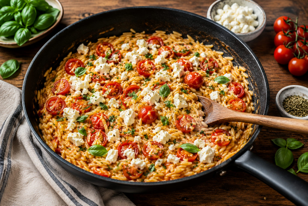 Feta-Tomaten-Orzo aus einer Pfanne – einfach & cremig Cremiges Feta-Tomaten-Orzo mit Kirschtomaten und Basilikum in einer schwarzen Pfanne