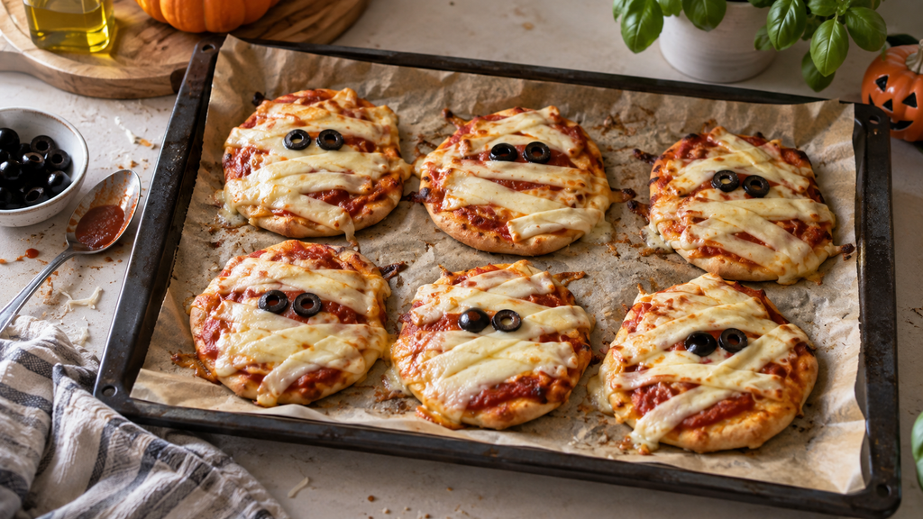 Sechs selbst gemachte Halloween-Mumien-Pizzen mit Tomatensoße, Käsestreifen und Olivenaugen auf einem Backblech mit Backpapier.