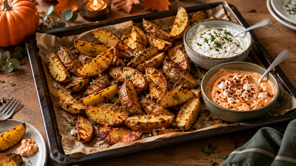 Goldbraune Kartoffelspalten vom Backblech mit cremigem Knoblauch-Joghurt-Dip und Paprika-Feta-Dip auf einem gemütlich gedeckten Holztisch.
