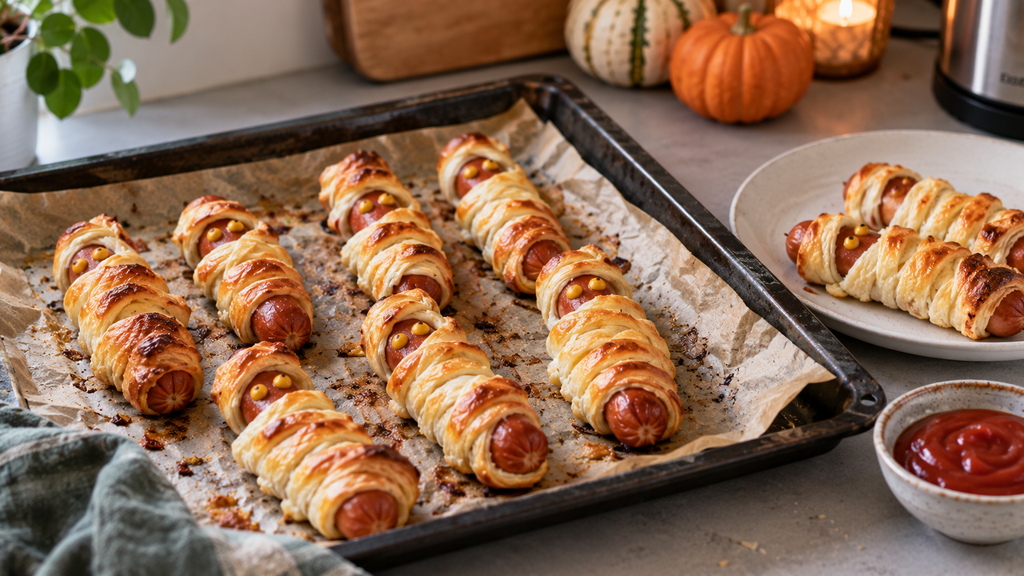 Selbst gemachte Halloween-Mumien aus goldbraun gebackenem Blätterteig und Würstchen auf einem Backblech, serviert mit Ketchup.