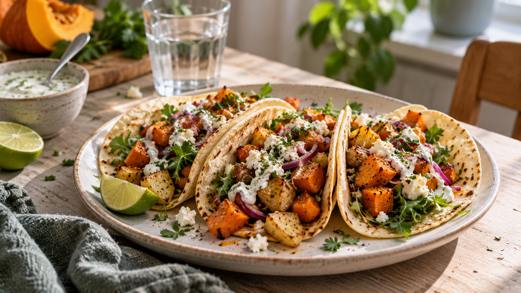 Drei gefüllte Kürbis-Kartoffel-Tacos mit geröstetem Hokkaido, Kartoffelwürfeln, Salat, roten Zwiebeln, Feta und Joghurtsoße.
