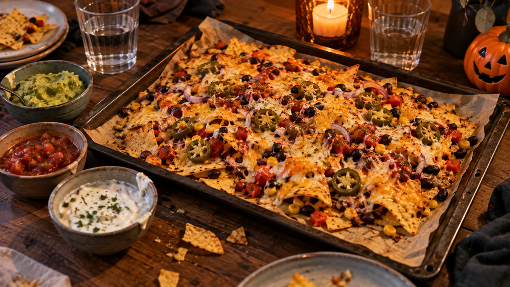 Überbackene Halloween-Nachos vom Backblech mit geschmolzenem Käse, Mais, schwarzen Bohnen, Paprika, roten Zwiebeln und Jalapeños, dazu drei Dips.