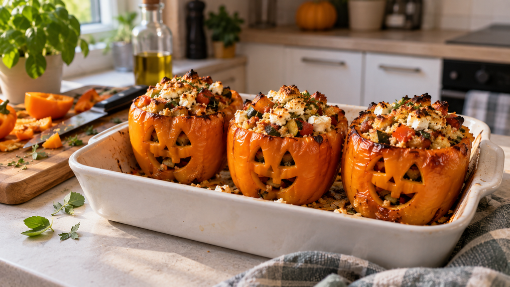 Drei orangefarbene Halloween-Paprika mit ausgeschnittenen Kürbisgesichtern, gefüllt mit Couscous, Gemüse und Feta, in einer weißen Auflaufform.