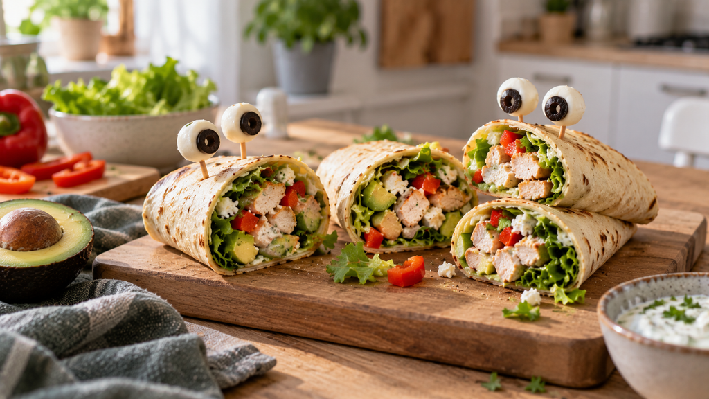 Selbst gemachte Halloween-Monster-Wraps mit Hähnchen, Avocado, Salat, Paprika und Feta, teilweise mit lustigen Augen aus Mozzarella und Oliven.