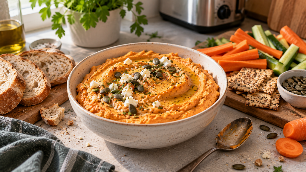 Cremiger selbst gemachter Kürbis-Feta-Dip mit Olivenöl und Kürbiskernen in einer Keramikschale, serviert mit Brot, Crackern und Gemüsesticks.