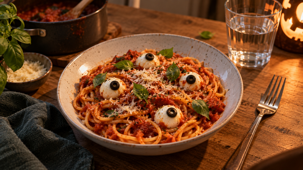 Spaghetti mit Tomatensoße und kleinen Mozzarella-Oliven-Augen als einfaches Halloween-Abendessen, garniert mit Käse und Basilikum.