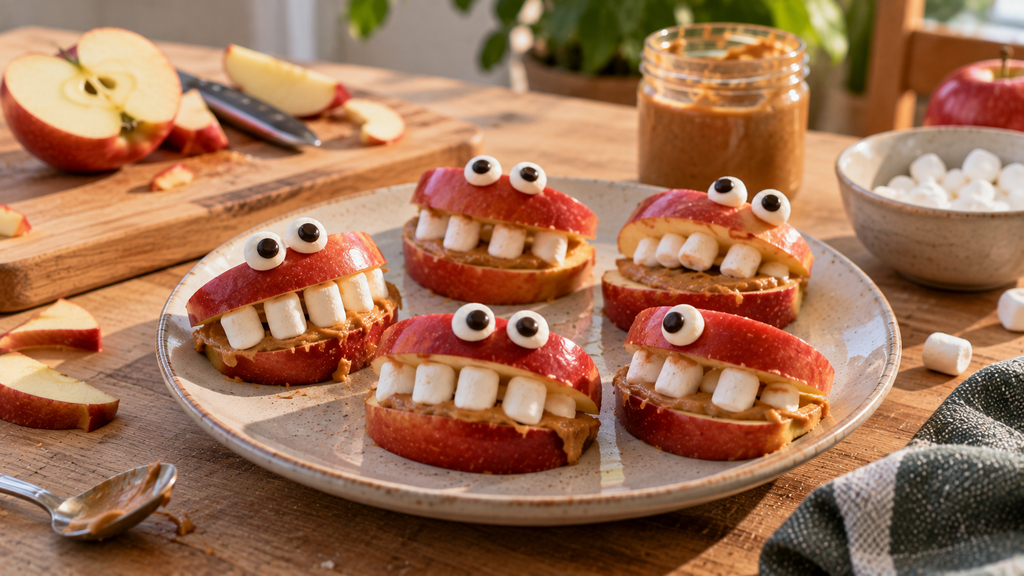 Fünf selbst gemachte Halloween-Apfel-Monster aus roten Apfelspalten, Nussmus und kleinen Marshmallow-Zähnen auf einem Keramikteller.