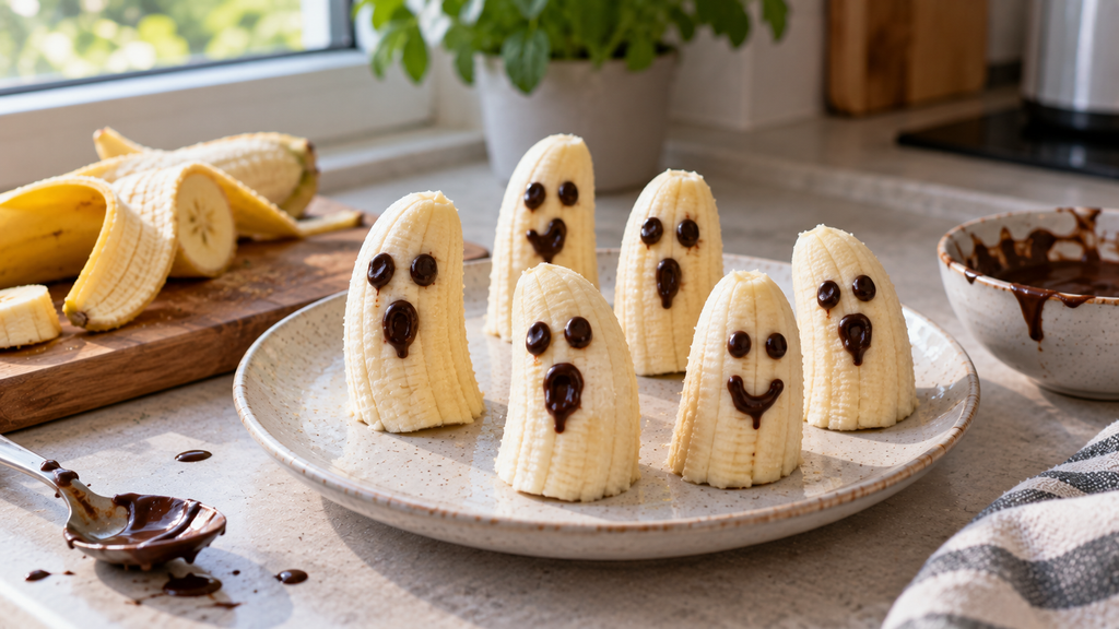 Sechs kleine Halloween-Bananen-Geister aus halbierten Bananen mit aufgemalten Schokoladenaugen und unterschiedlichen lustigen Gesichtern.
