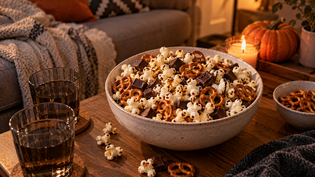 Große Schüssel mit selbst gemachter Halloween-Popcorn-Mischung aus Popcorn, Salzbrezeln und dunkler Schokolade für einen gemütlichen Filmabend.