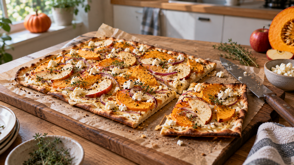 Selbst gemachter Kürbis-Flammkuchen mit Hokkaido, Apfelspalten, roten Zwiebeln, Feta und Thymian auf einem Holzbrett, ein Stück bereits abgeschnitten.