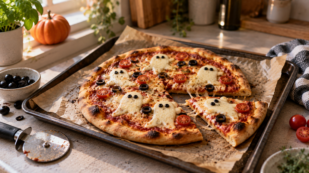 Selbst gemachte Halloween-Pizza mit Tomatensoße, Mozzarella-Geistern, schwarzen Oliven und Kirschtomaten auf einem Backblech, ein Stück herausgeschnitten.