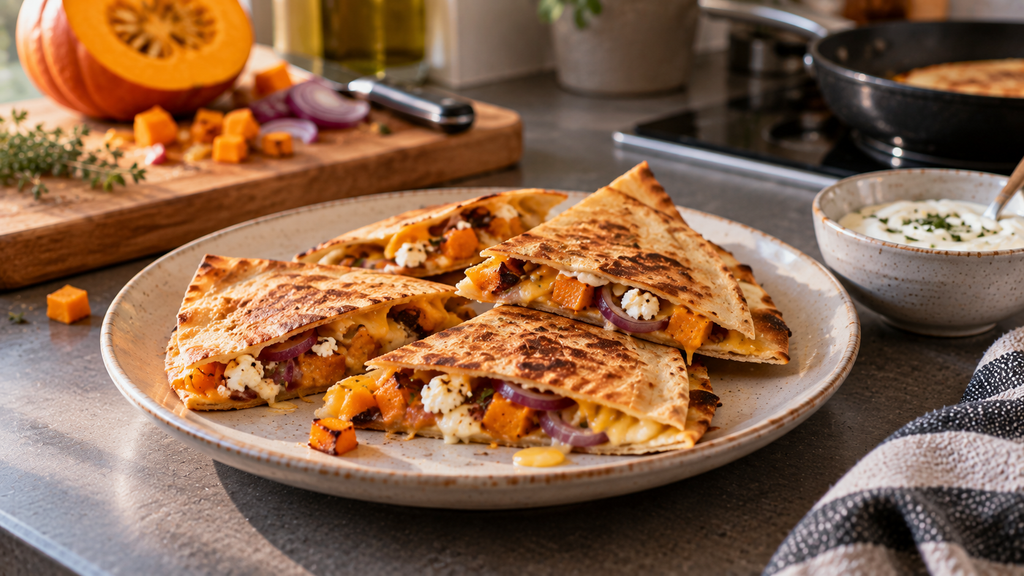 Knusprige Kürbis-Quesadillas mit geröstetem Hokkaido, geschmolzenem Käse, roten Zwiebeln und Feta auf einem Keramikteller, dazu Joghurt-Dip.