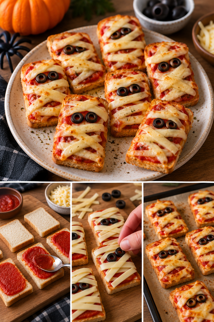 Schritt-für-Schritt-Collage für Halloween-Mumien-Toasties: Toastbrot wird mit Tomatensoße bestrichen, mit Käsestreifen und Olivenaugen belegt und knusprig überbacken.