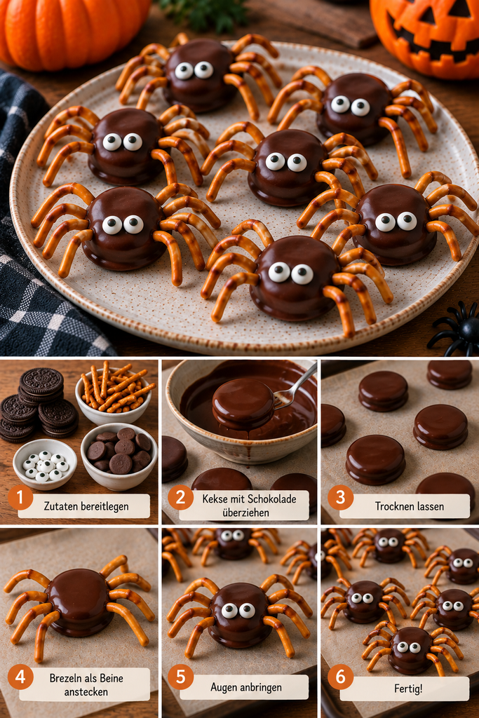 Schritt-für-Schritt-Collage für Halloween-Schoko-Brezel-Spinnen: Runde Kekse werden mit Schokolade überzogen und mit Brezelbeinen und Zuckeraugen zu kleinen Spinnen dekoriert.