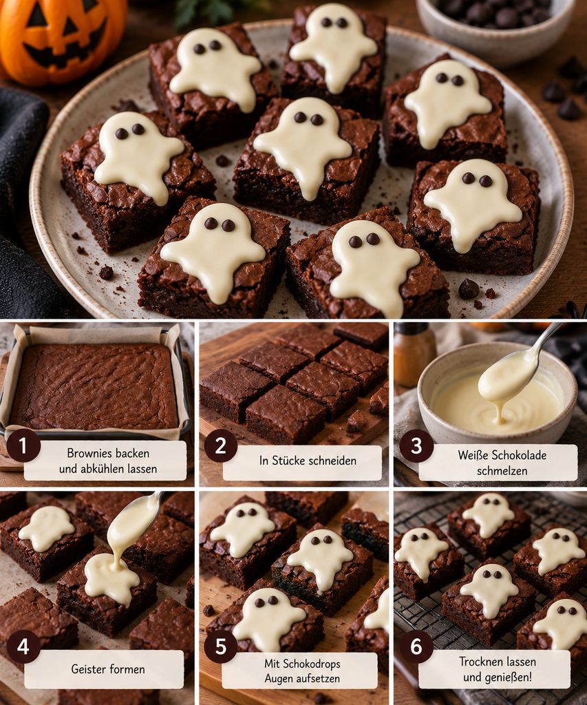 Schritt-für-Schritt-Collage für Halloween-Geister-Brownies: Brownies werden in Stücke geschnitten, mit weißer Schokolade zu kleinen Geistern dekoriert und mit Schokoaugen verziert.