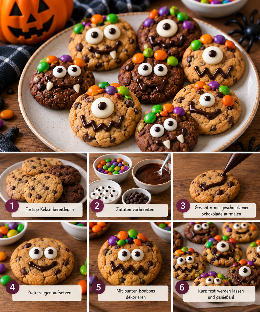 Schritt-für-Schritt-Collage für Halloween-Monster-Kekse: Fertige Kekse werden mit geschmolzener Schokolade, Zuckeraugen und bunten Schokolinsen zu lustigen Monstern dekoriert.