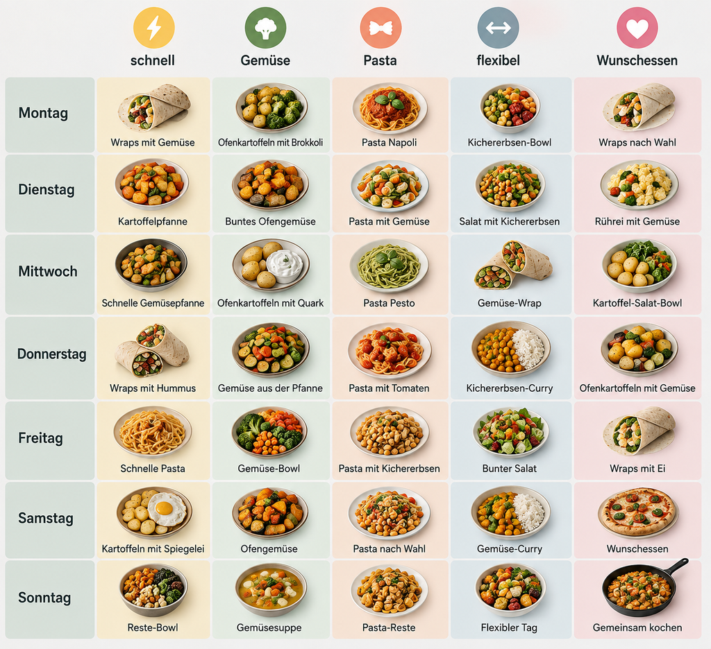 Flexible Wochenplan-Grafik mit einfachen Gerichten und Kategorien wie schnell, Gemüse, Pasta, flexibel und Wunschessen.