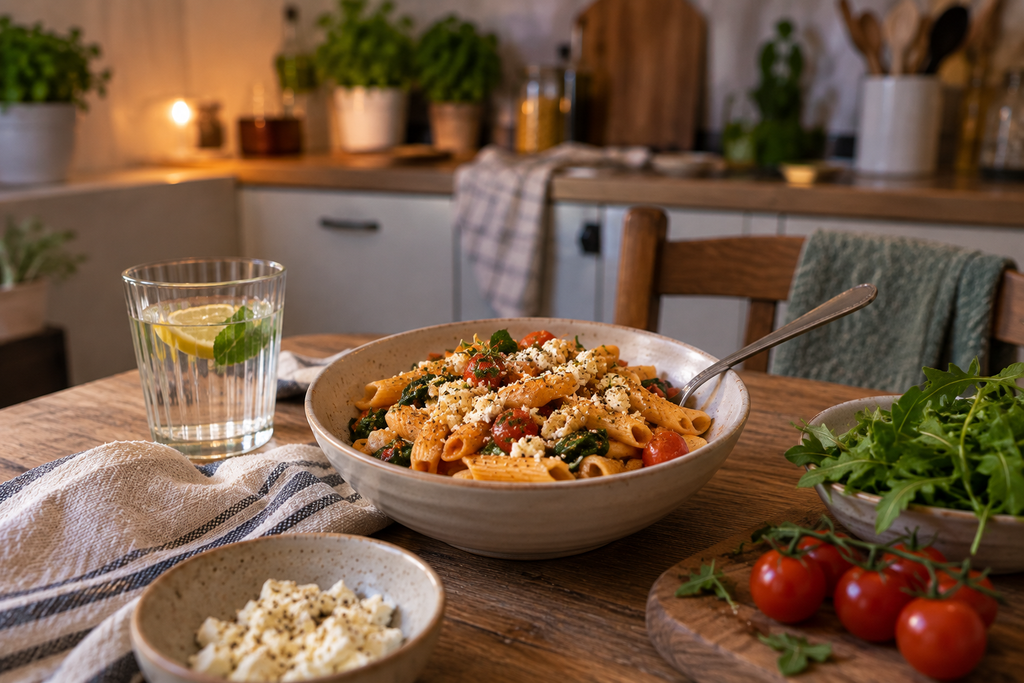 Einfache Mahlzeit in entspannter Küchenatmosphäre für einen stressfreien Abend