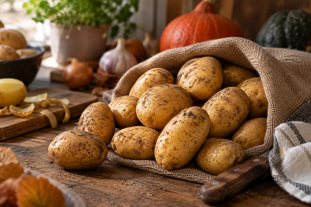 Herbstlicher Essensplan: So planst du gemütliche Mahlzeiten ohne Stress „Frische Kartoffeln in einem Jutesack auf einem rustikalen Küchentisch.“