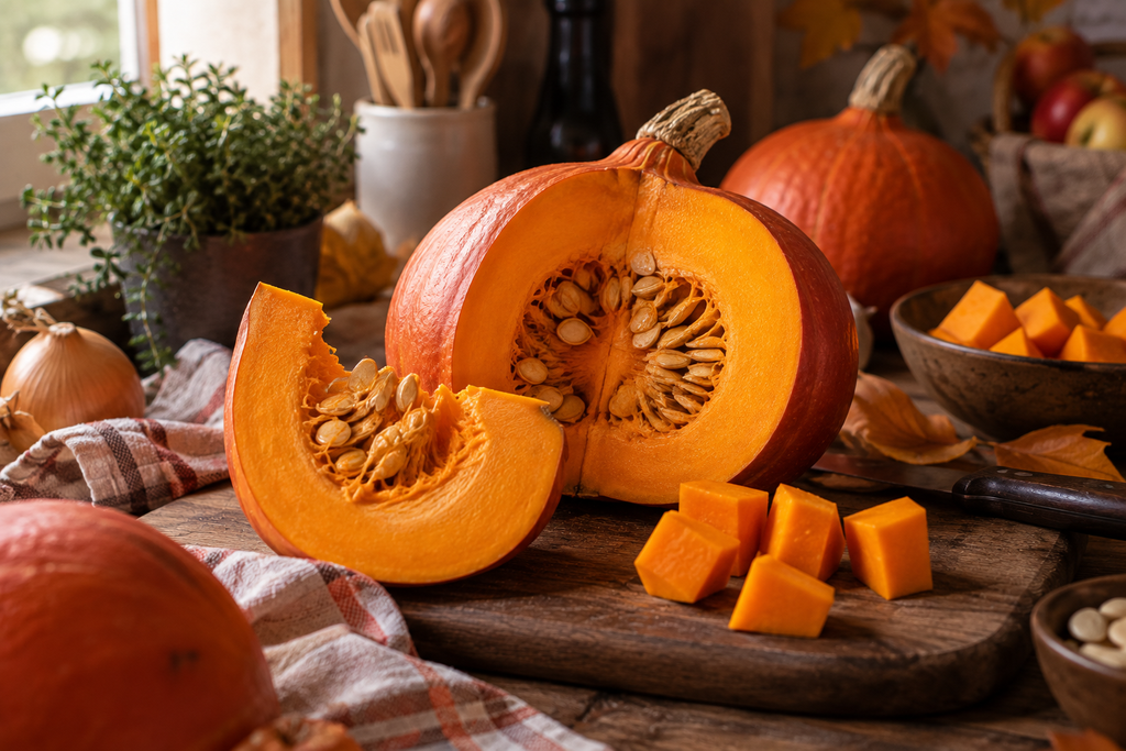 Herbstlicher Essensplan: So planst du gemütliche Mahlzeiten ohne Stress „Aufgeschnittener Kürbis mit Kürbiswürfeln auf einem rustikalen Holzbrett.“
