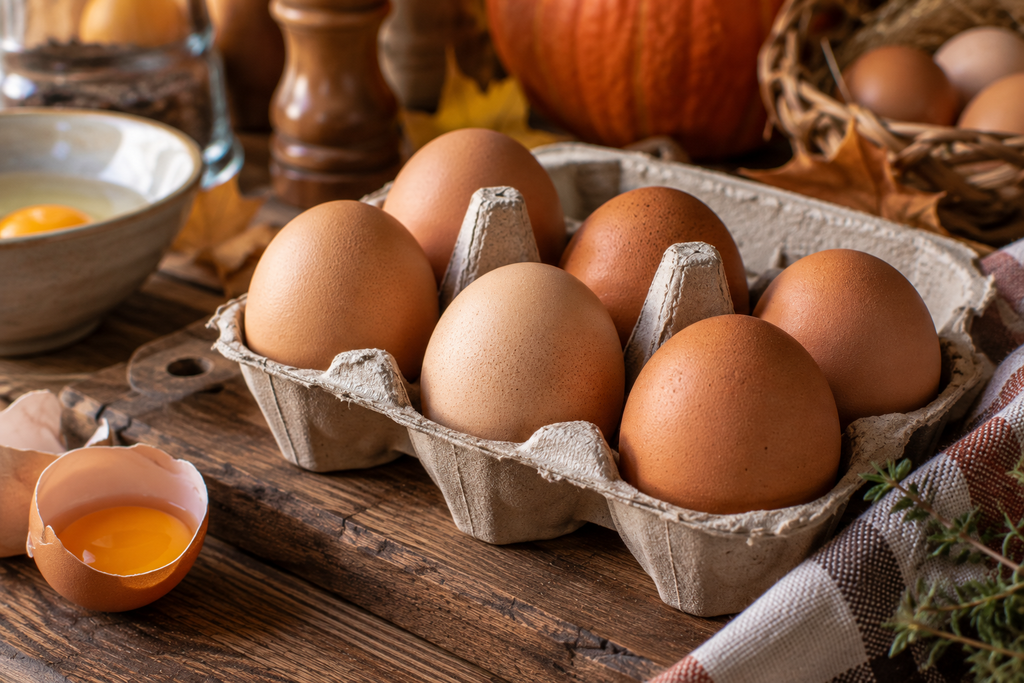 Herbstlicher Essensplan: So planst du gemütliche Mahlzeiten ohne Stress „Braune Eier in einem Eierkarton auf einem rustikalen Küchentisch.“