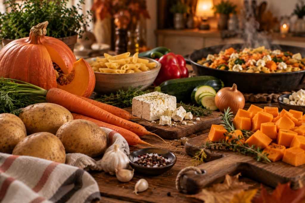 Herbstlicher Essensplan: So planst du gemütliche Mahlzeiten ohne Stress Herbstliche Zutaten und gemütliches Abendessen auf einem Küchentisch