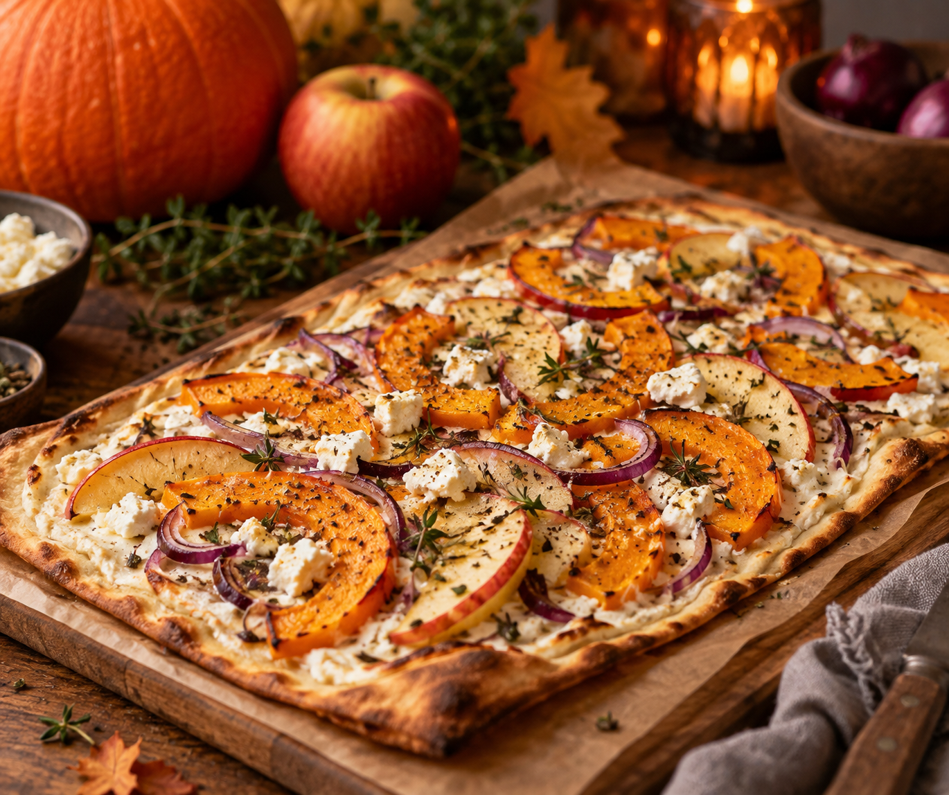 Kürbis-Flammkuchen mit Apfel & Feta – einfaches Herbstrezept Kürbis-Flammkuchen mit Apfel, Feta und roten Zwiebeln