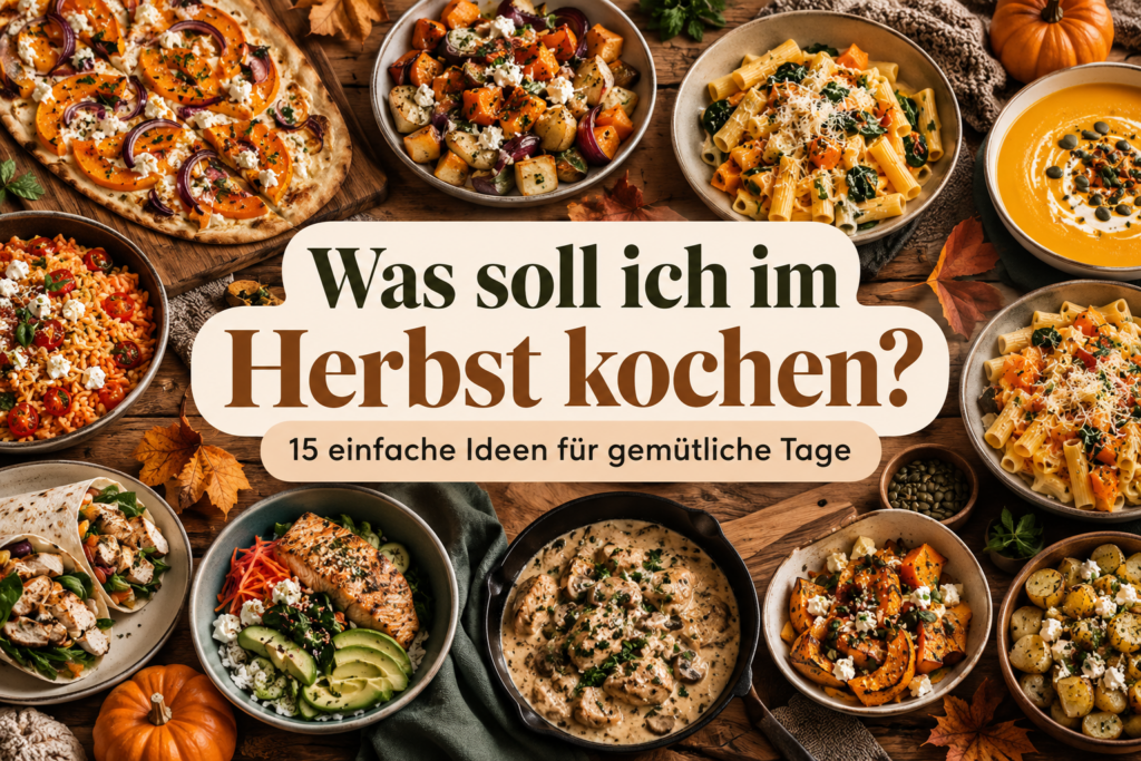 Was soll ich im Herbst kochen? 15 einfache Ideen für gemütliche Tage Herbstliche Auswahl aus 15 einfachen Gerichten mit Kürbis-Flammkuchen, Ofengemüse, Pasta, Kürbissuppe, Lachs-Bowl, Wraps und weiteren gemütlichen Herbstessen auf einem rustikalen Holztisch.