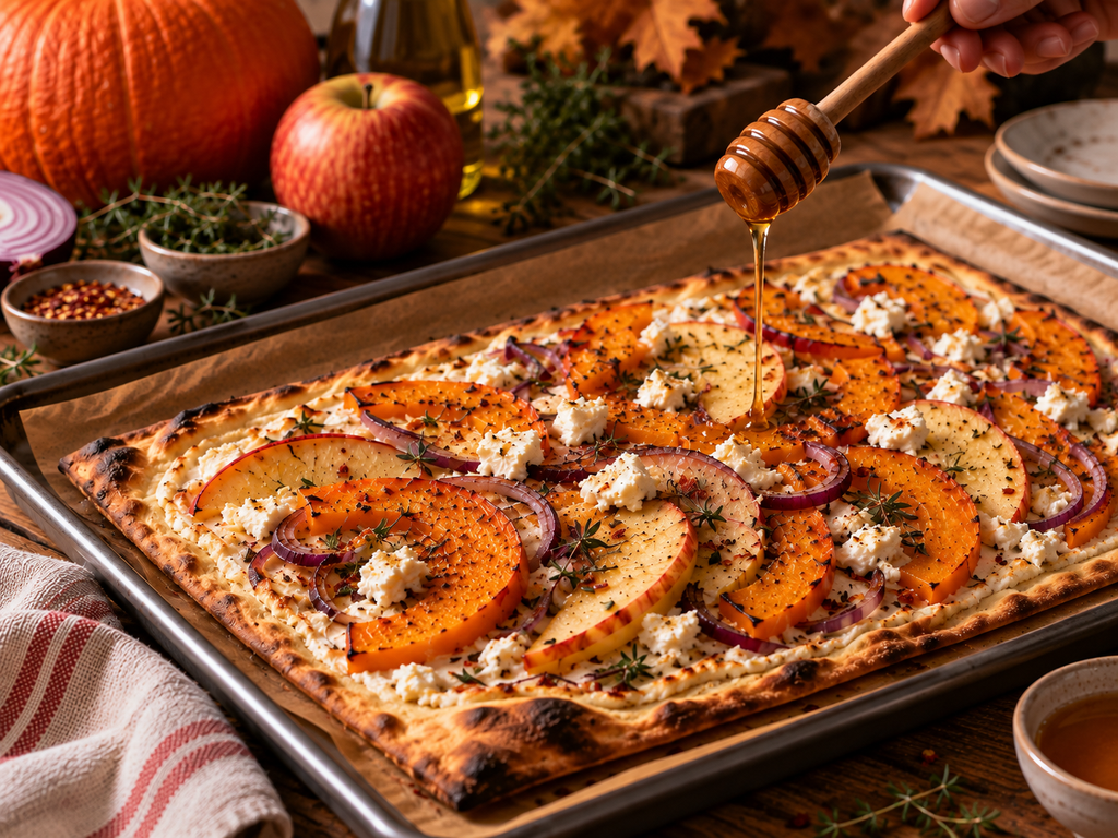 Kürbis-Flammkuchen mit Apfel, Feta und roten Zwiebeln, mit Honig beträufelt in gemütlicher Herbstatmosphäre