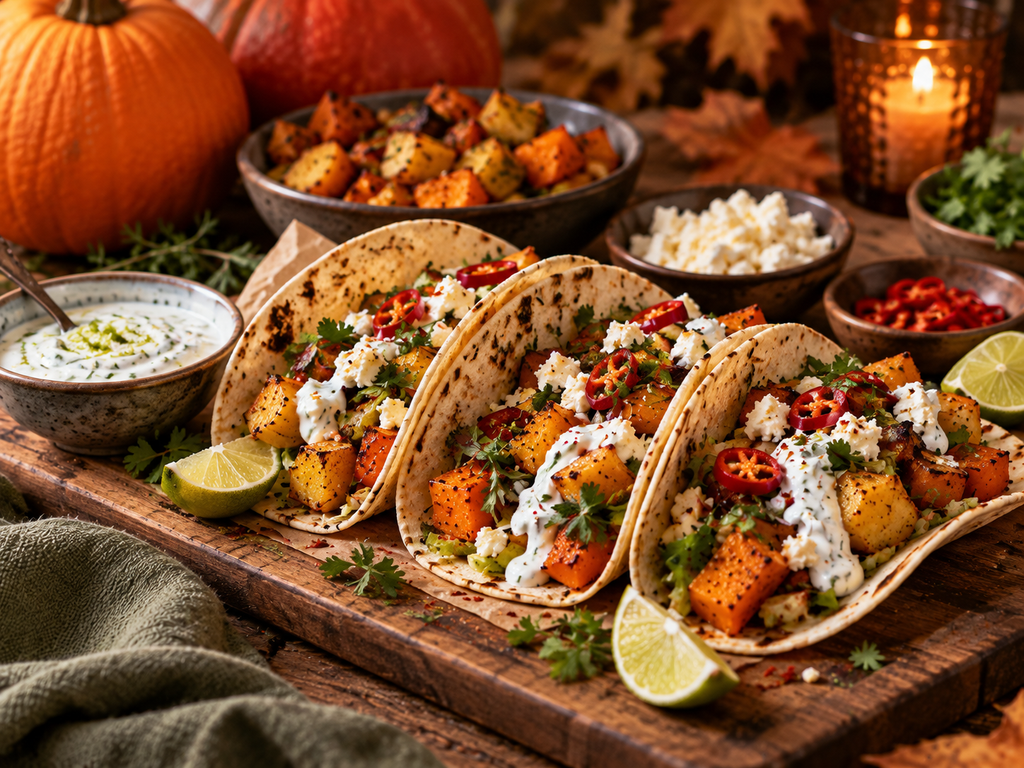 Was kann ich mit Kürbis machen? 10 ungewöhnliche Ideen für den Herbst Kürbis-Kartoffel-Tacos mit Limetten-Joghurt