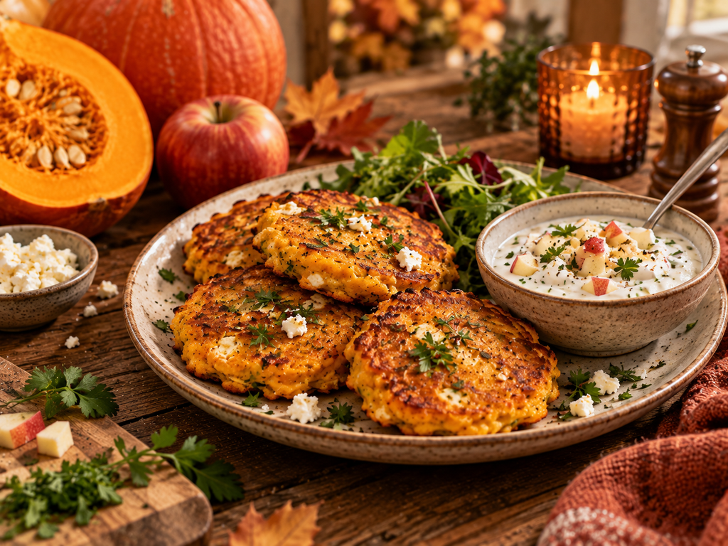 Was kann ich mit Kürbis machen? 10 ungewöhnliche Ideen für den Herbst Kürbis-Feta-Puffer mit Apfel-Joghurt