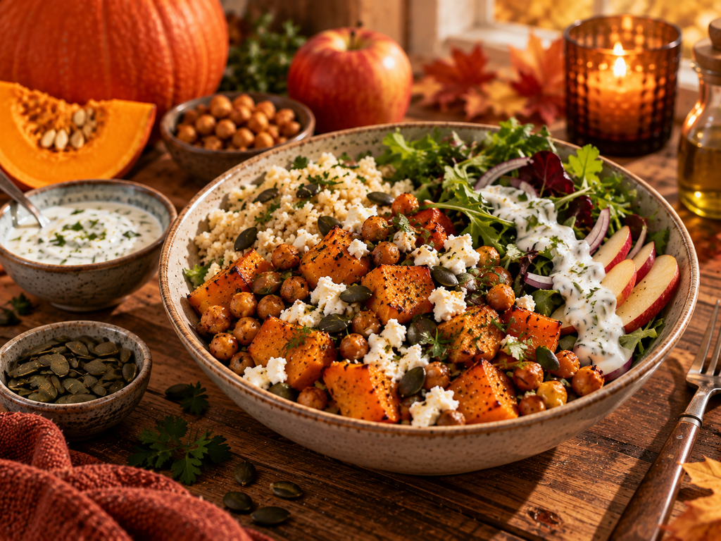 Was kann ich mit Kürbis machen? 10 ungewöhnliche Ideen für den Herbst Knusprige Kürbis-Kichererbsen-Bowl