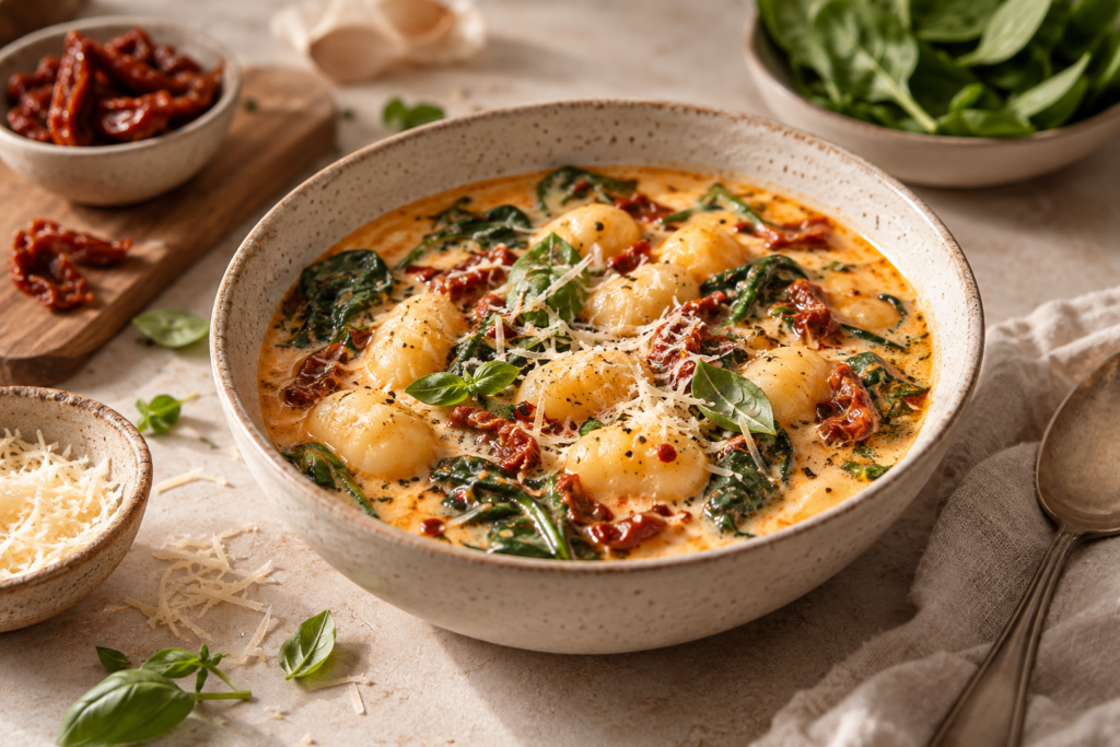 Cremige Gnocchi-Suppe mit Spinat und getrockneten Tomaten Cremige Gnocchi-Suppe mit Spinat, getrockneten Tomaten und Parmesan in einer Keramikschüssel.