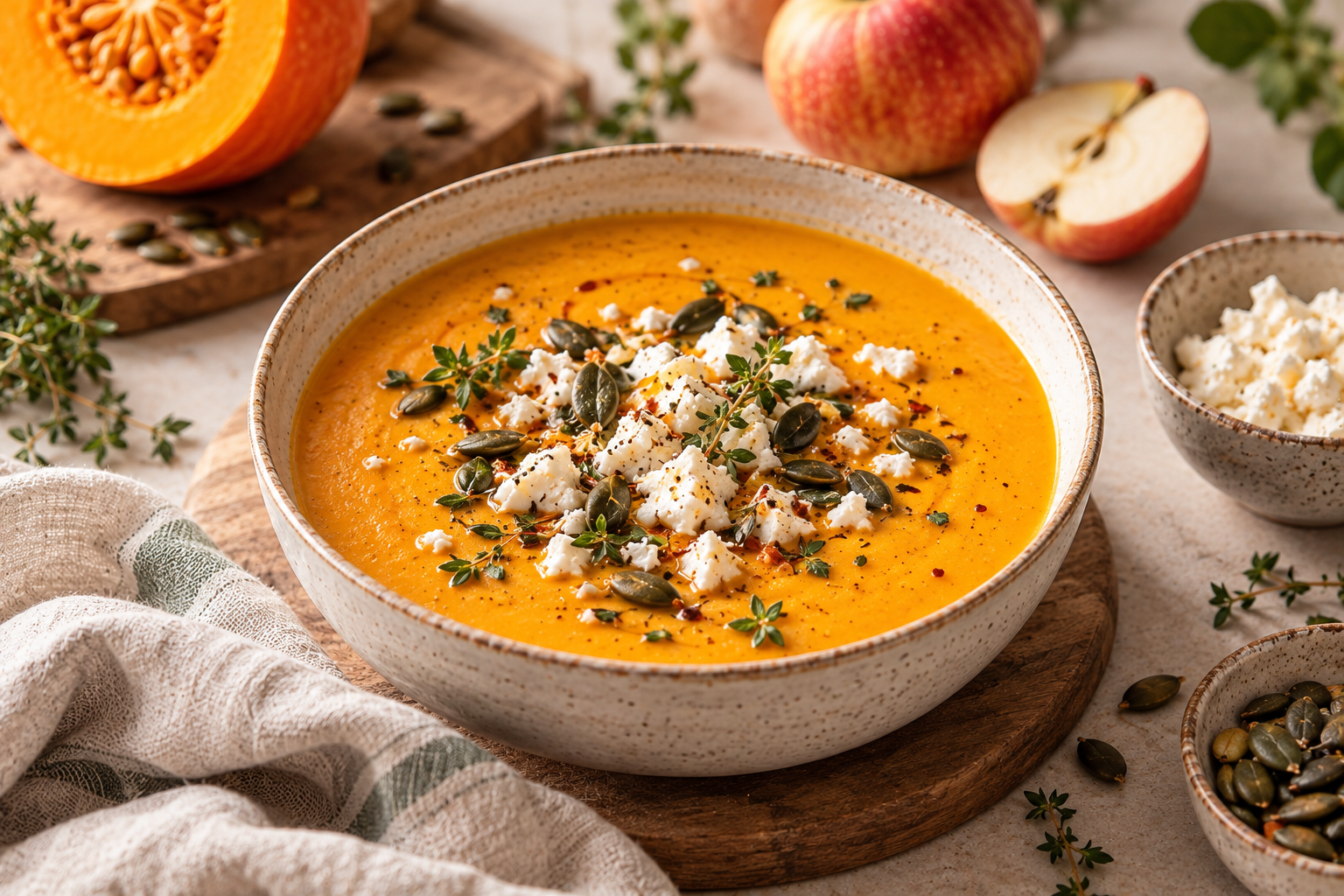 Kürbis-Apfel-Suppe mit Feta – einfach & cremig