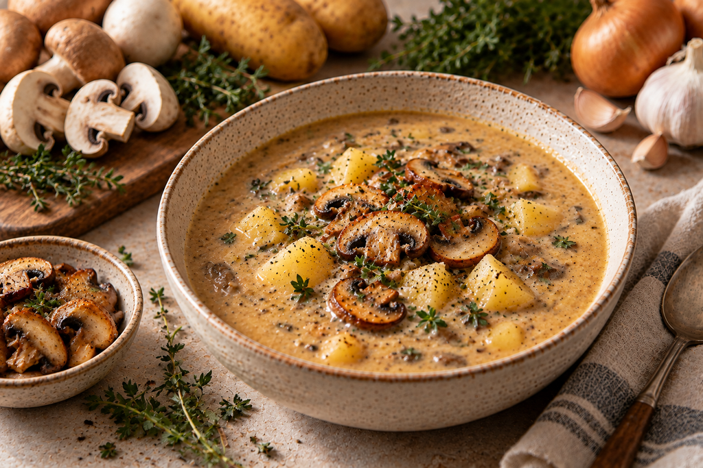 10 einfache Herbstsuppen für kalte Feierabende cremige pilz kartoffelsuppe mit thymian