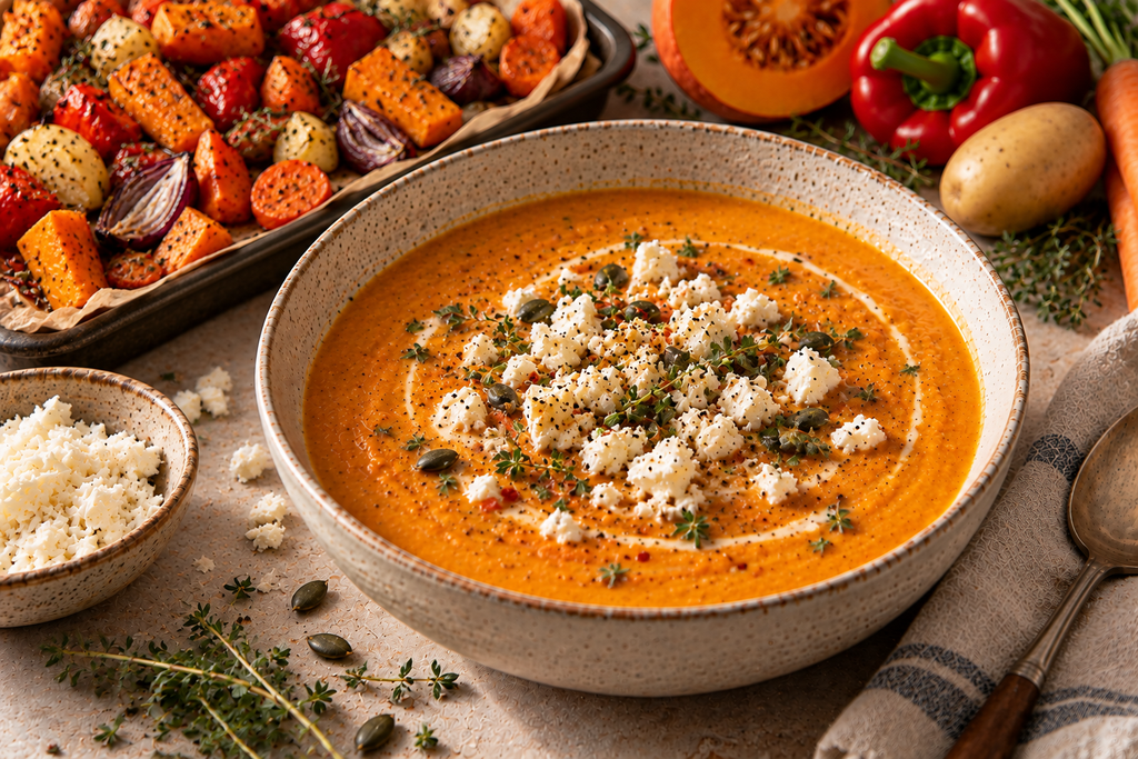 10 einfache Herbstsuppen für kalte Feierabende cremige röstgemüsesuppe mit feta