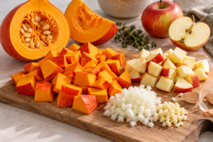 herbstliche kürbis apfel küchenstilleben