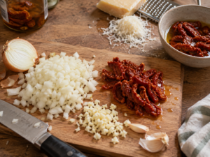 rustikale küchenvorbereitung mit getrockneten tomaten